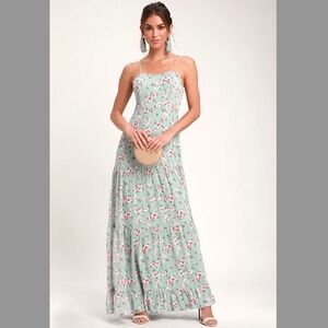 Lulus Melissa Light Sage Green Floral Printed Tiered Maxi Dress Size S